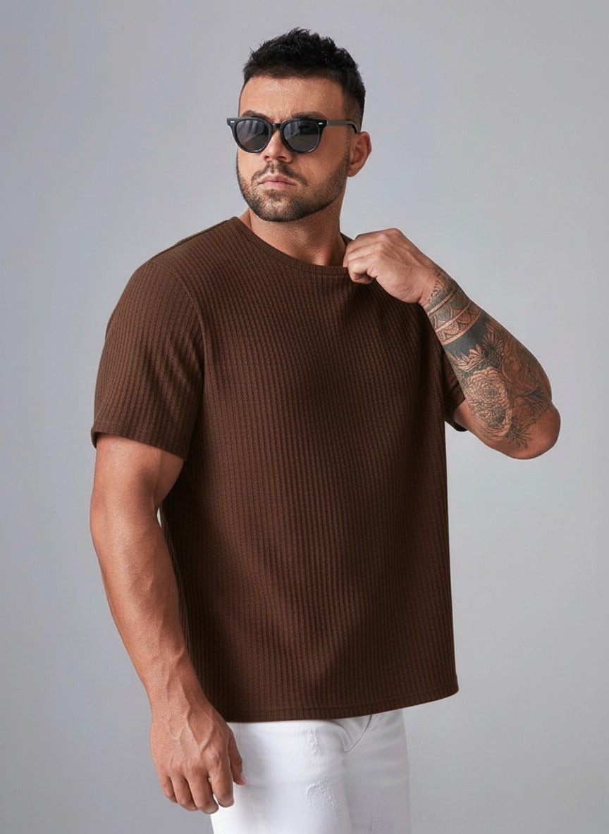 STYLOPHY - Oversized Waffle Knit Tee For Men - Brown