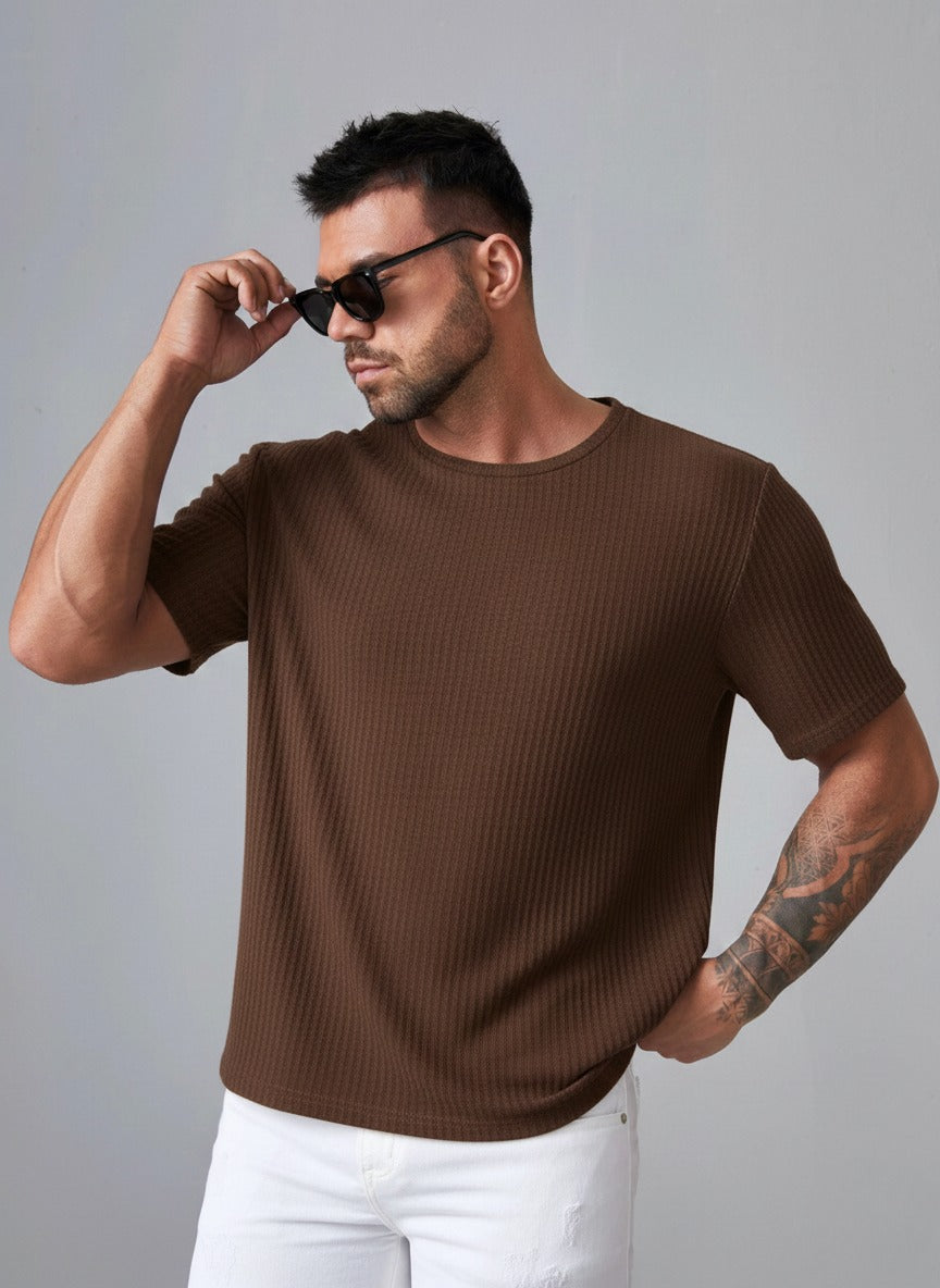 STYLOPHY - Oversized Waffle Knit Tee For Men - Brown
