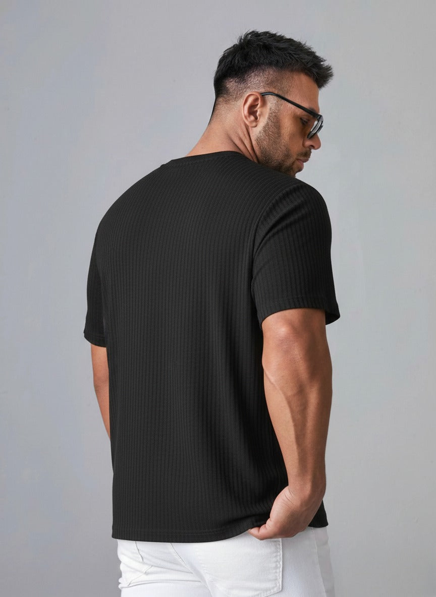STYLOPHY - Oversized Waffle Knit Tee For Men - BLACK