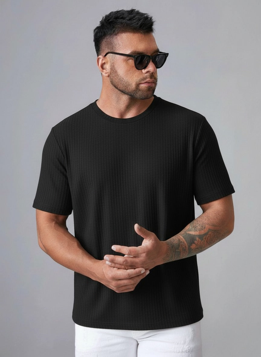 STYLOPHY - Oversized Waffle Knit Tee For Men - BLACK