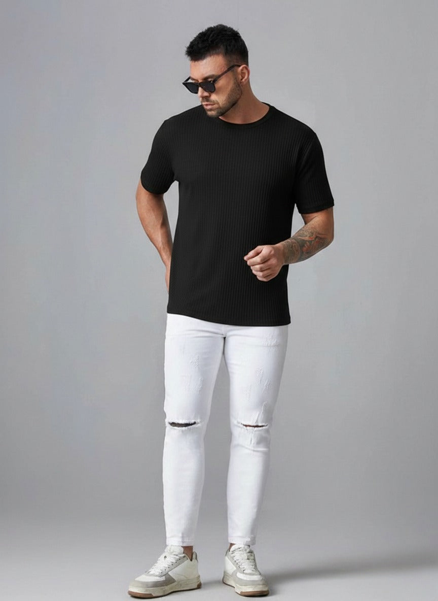 STYLOPHY - Oversized Waffle Knit Tee For Men - BLACK