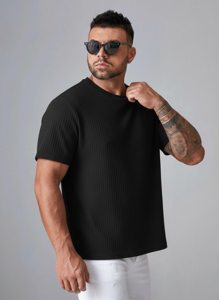 STYLOPHY - Oversized Waffle Knit Tee For Men - BLACK