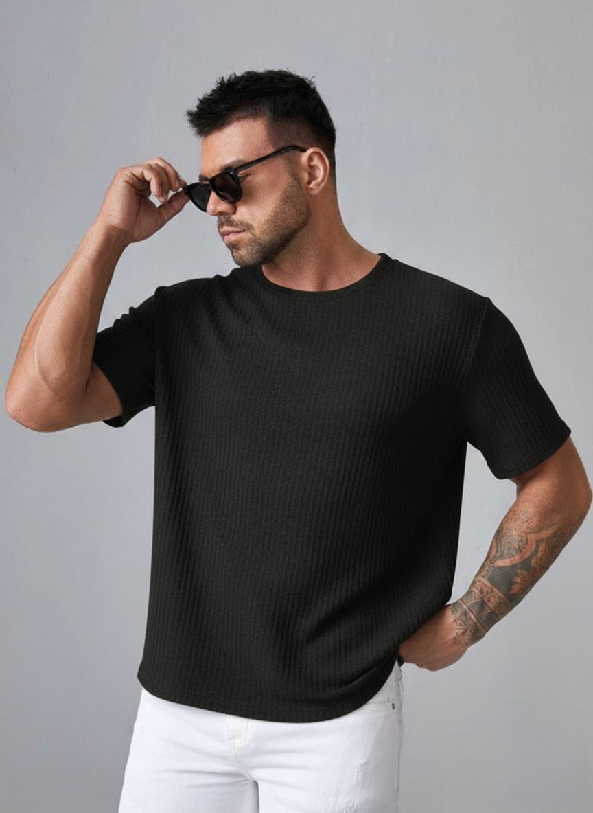 STYLOPHY - Oversized Waffle Knit Tee For Men - BLACK