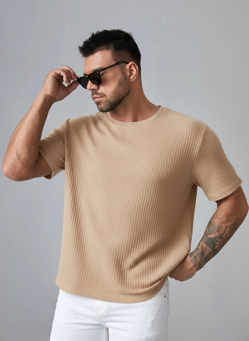 STYLOPHY - Oversized Waffle Knit Tee For Men - Beige