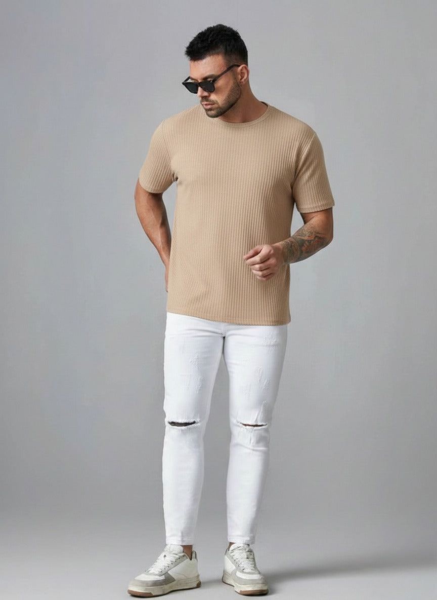 STYLOPHY - Oversized Waffle Knit Tee For Men - Beige