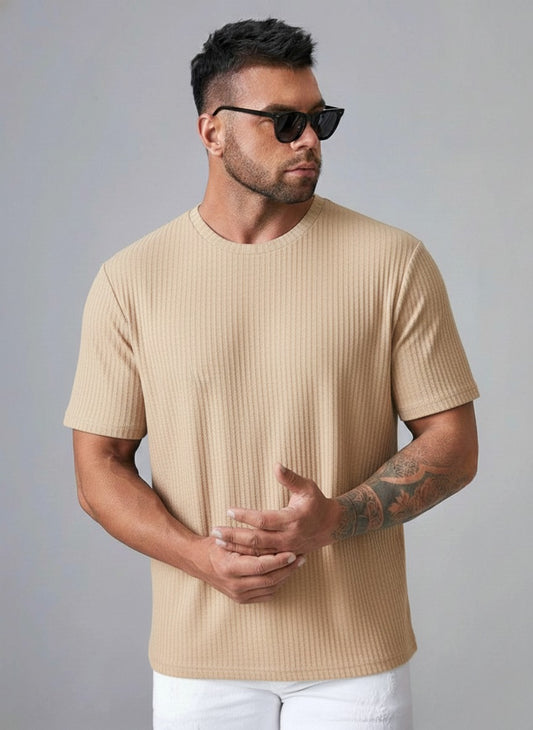 STYLOPHY - Oversized Waffle Knit Tee For Men - Beige
