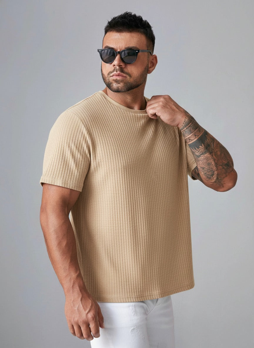 STYLOPHY - Oversized Waffle Knit Tee For Men - Beige