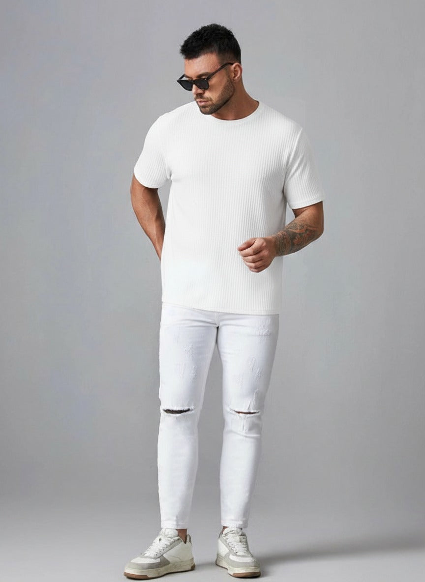 STYLOPHY - Oversized Waffle Knit Tee For Men - WHITE