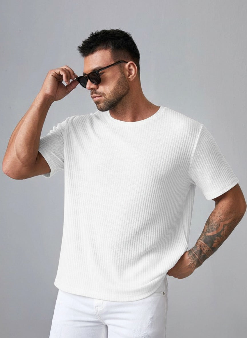 STYLOPHY - Oversized Waffle Knit Tee For Men - WHITE