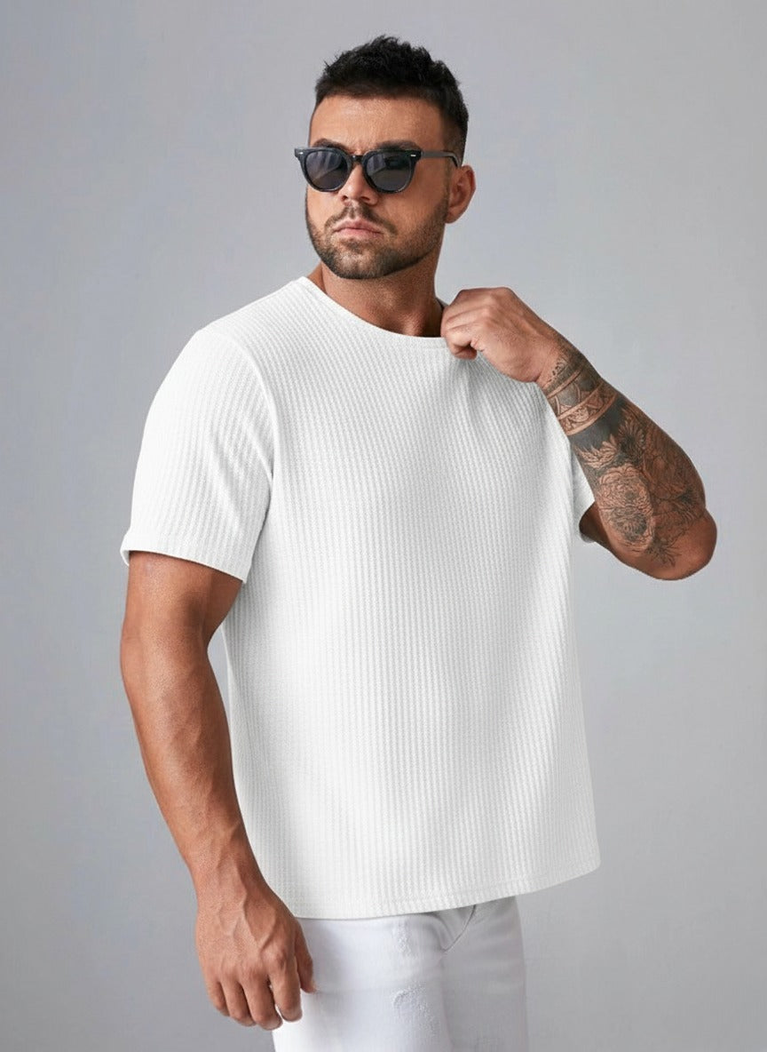 STYLOPHY - Oversized Waffle Knit Tee For Men - WHITE