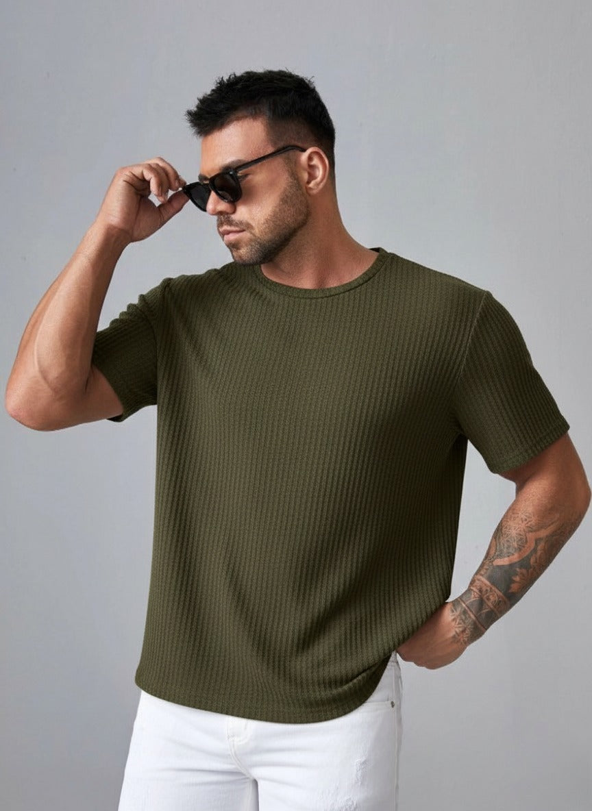 STYLOPHY - Oversized Waffle Knit Tee For Men - Olive