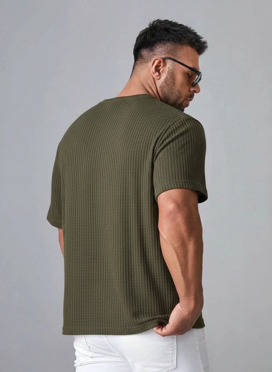 STYLOPHY - Oversized Waffle Knit Tee For Men - Olive