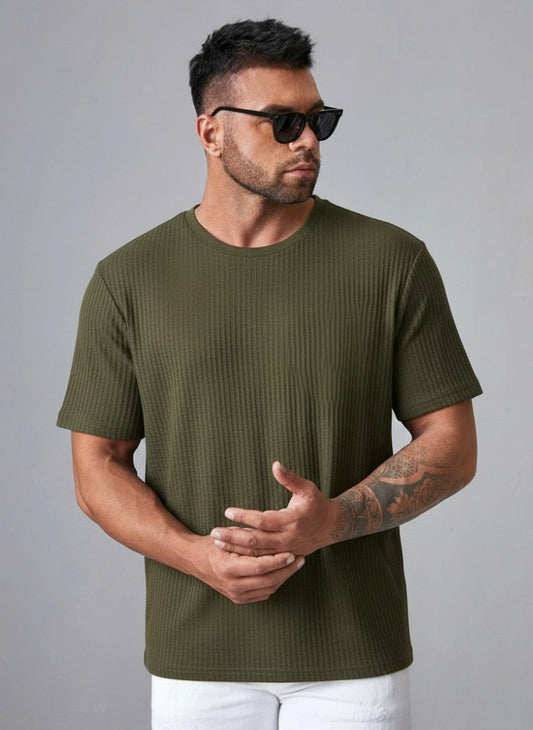 STYLOPHY - Oversized Waffle Knit Tee For Men - Olive