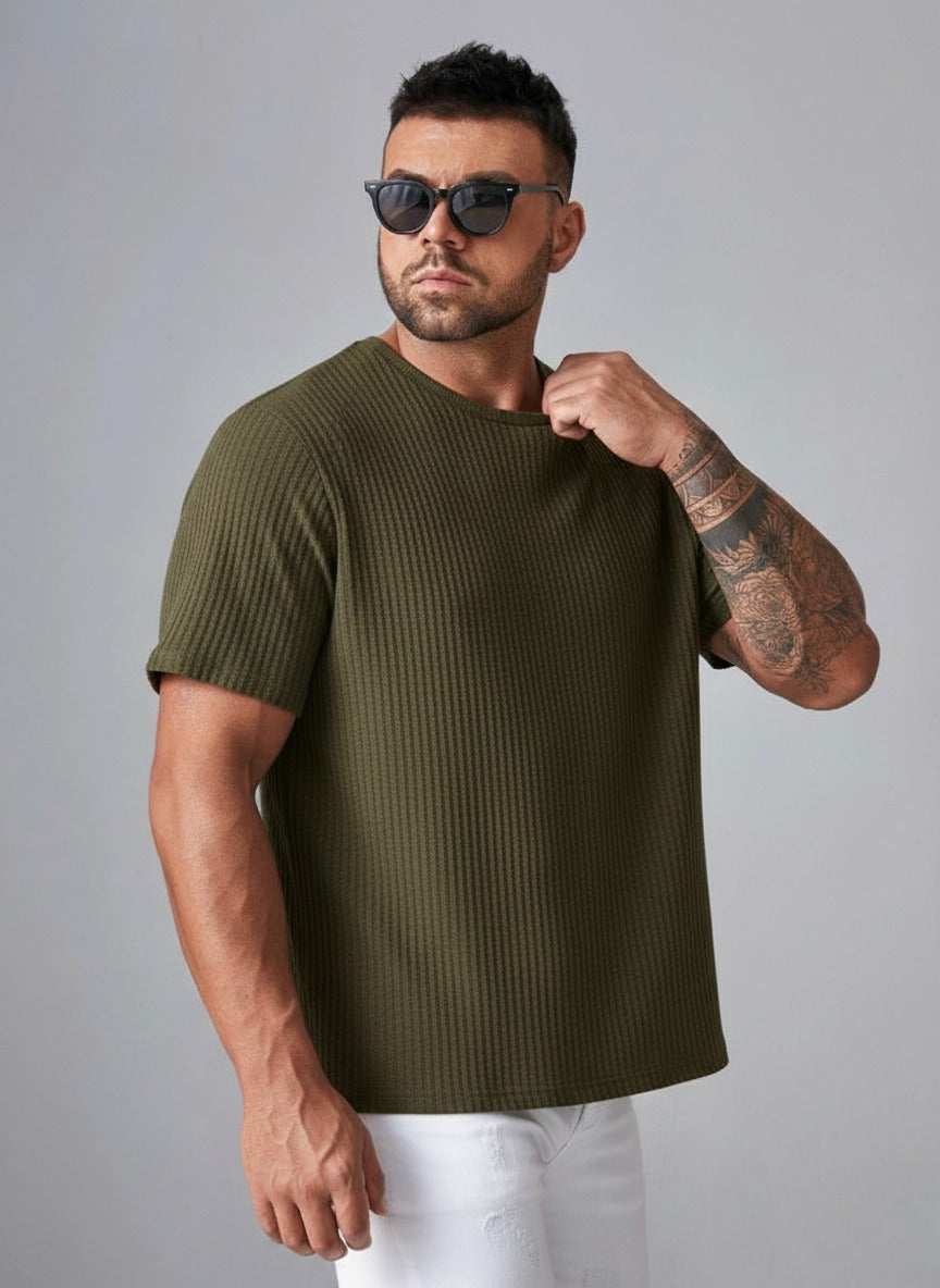 STYLOPHY - Oversized Waffle Knit Tee For Men - Olive