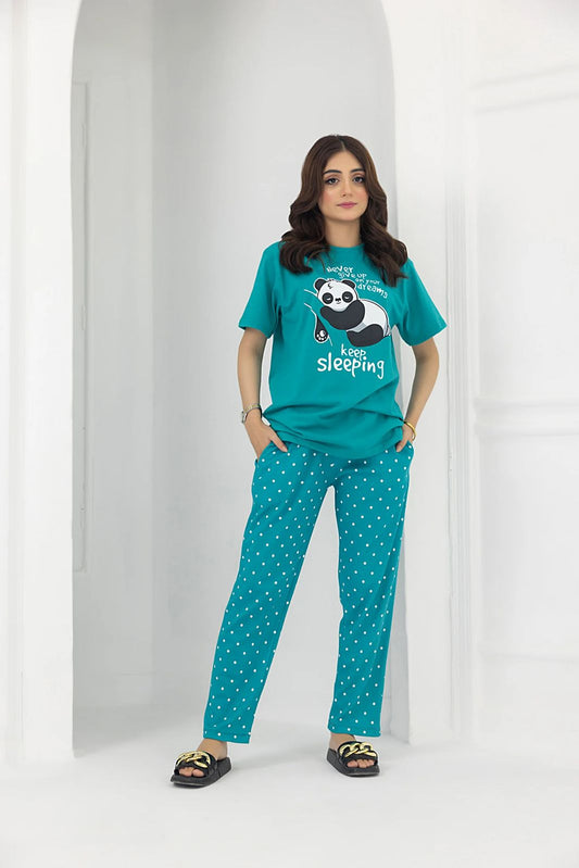 STYLOPHY - Keep Sleeping Panda Print PJ Set For Women