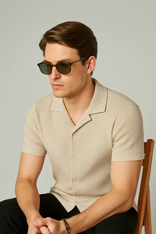 STYLOPHY - Cuban Collar Waffle Knitted Shirt - Beige