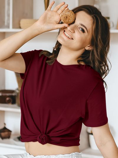 Crew Neck Tee For Women - Maroon