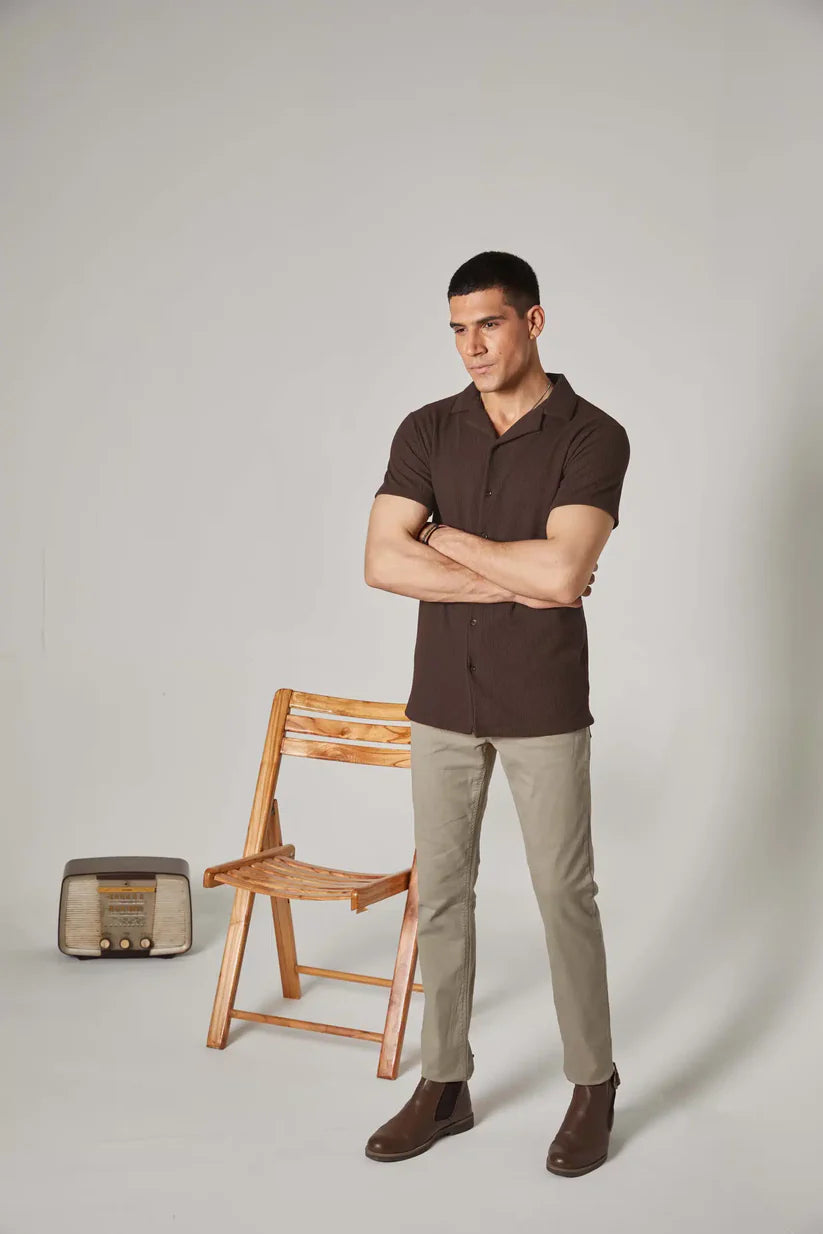 STYLOPHY - Cuban Collar Waffle Knitted Shirt - Brown