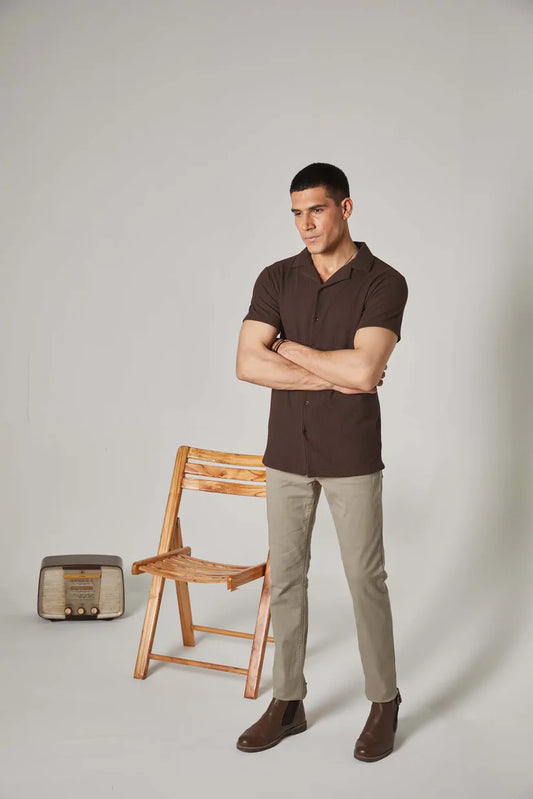 STYLOPHY - Cuban Collar Waffle Knitted Shirt - Brown