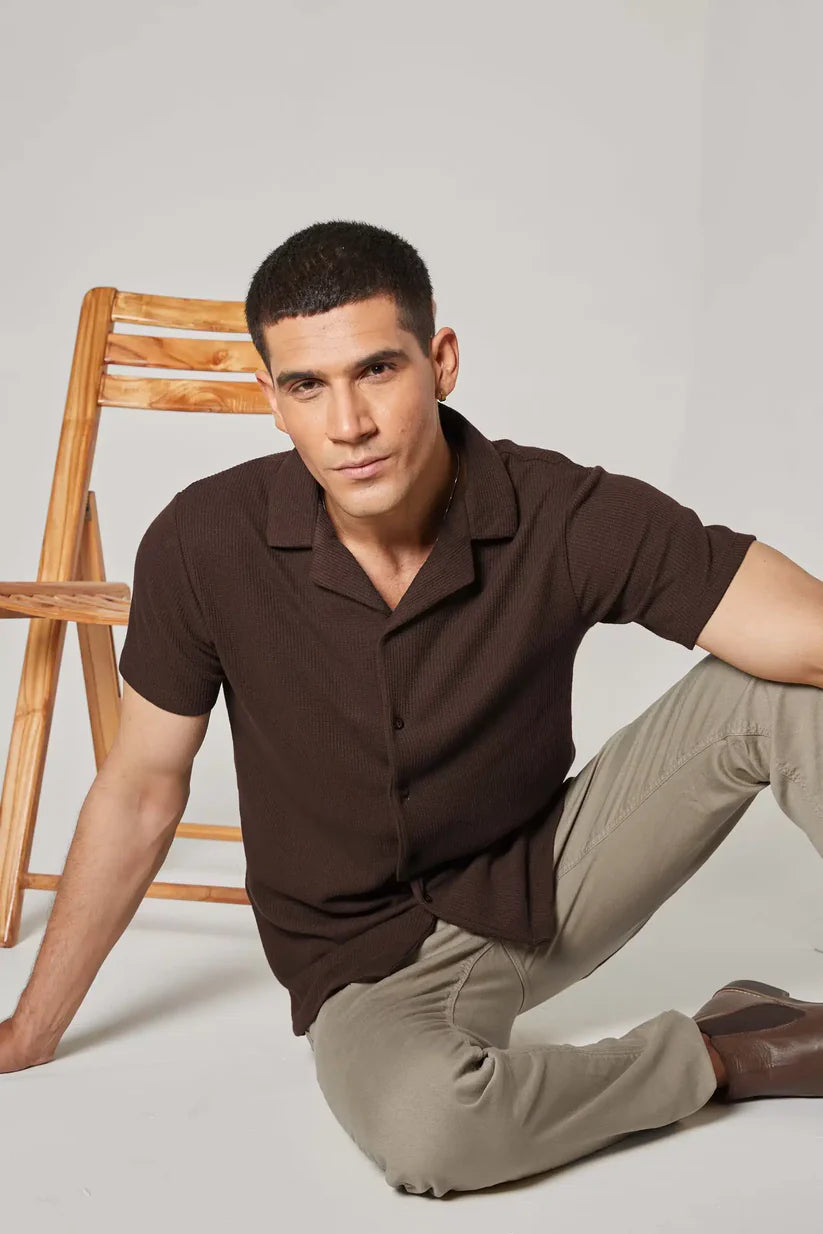 STYLOPHY - Cuban Collar Waffle Knitted Shirt - Brown