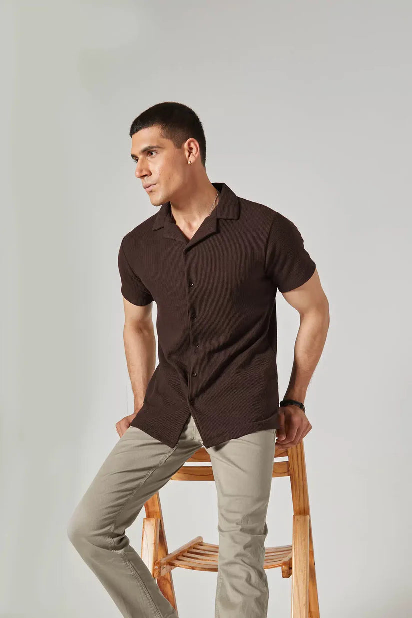 STYLOPHY - Cuban Collar Waffle Knitted Shirt - Brown