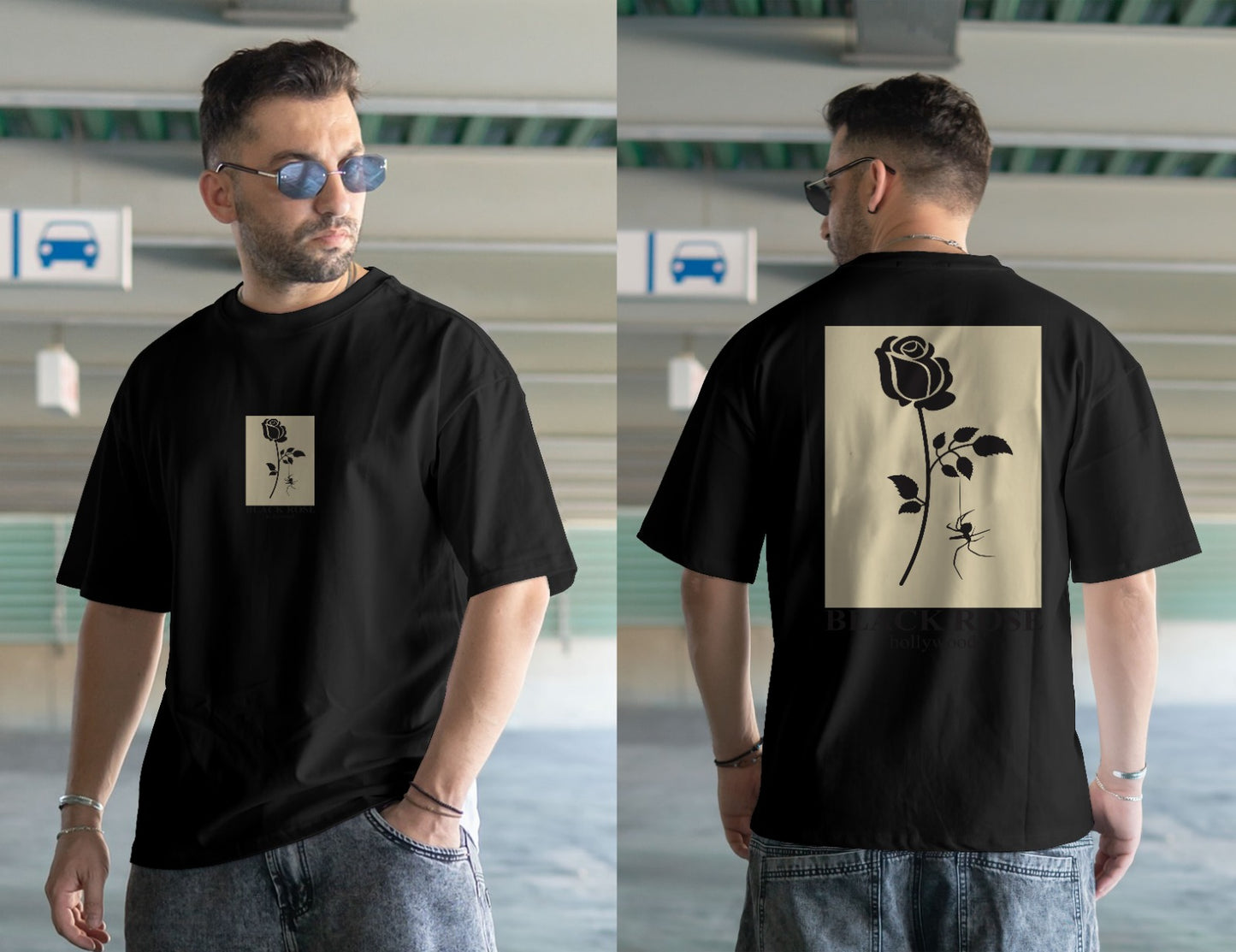 STYLOPHY -Black Rose Printed Drop Shoulders Tee