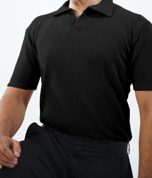 STYLOPHY - Premium Waffle Knitted Polo - Black