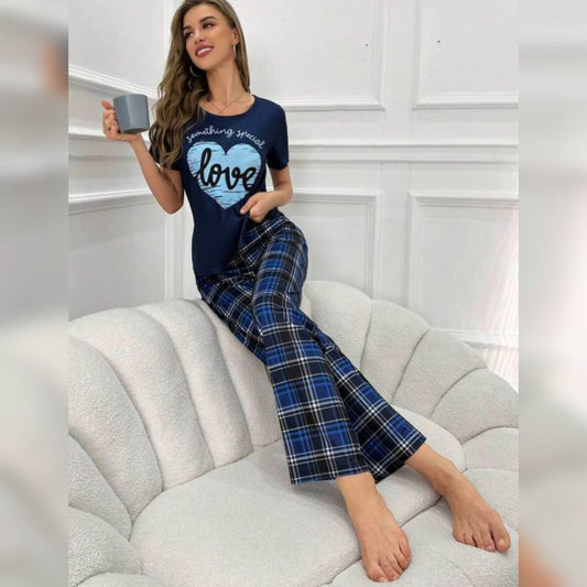 STYLOPHY -  Love Printed With Chequered Pajama  Set For Women