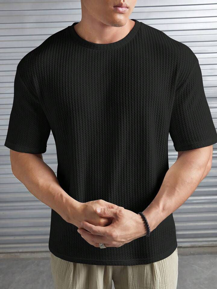 STYLOPHY - Oversized Waffle Knit Tee For Men - BLACK