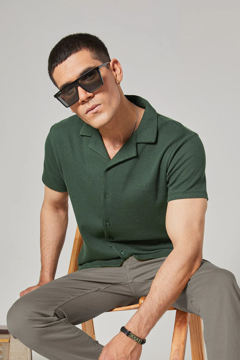 STYLOPHY - Cuban Collar Waffle Knitted Shirt - Olive Green
