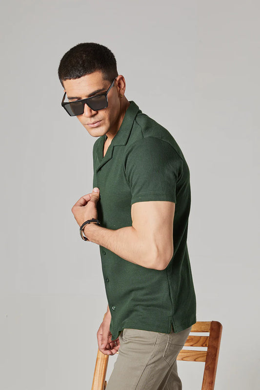 STYLOPHY - Cuban Collar Waffle Knitted Shirt - Olive Green