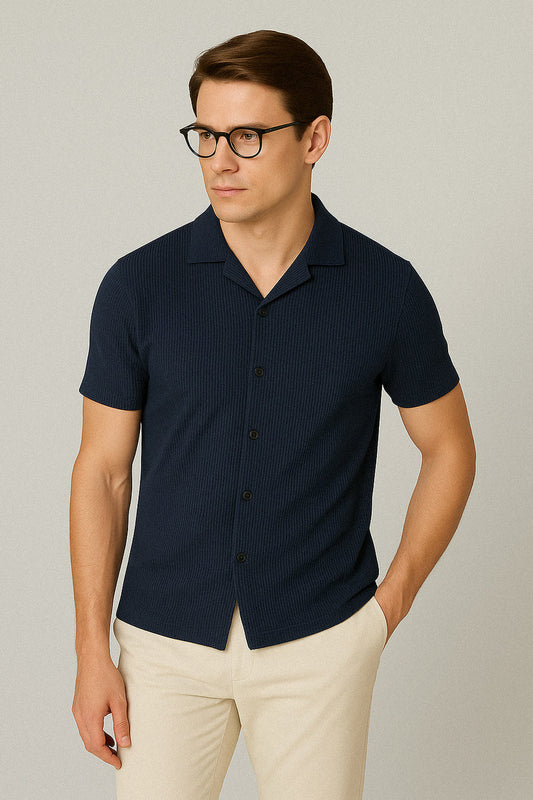 STYLOPHY - Cuban Collar Waffle Knitted Shirt - Navy Blue