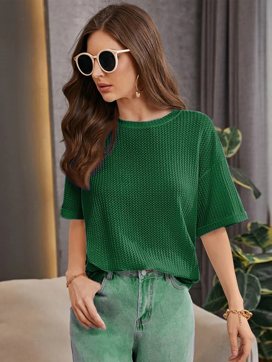 STYLOPHY - Premium Oversized Waffle Knitted Tee - Green