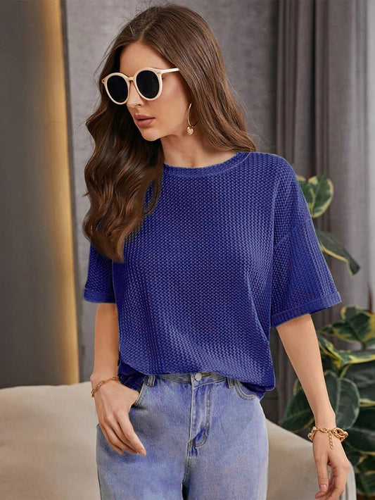STYLOPHY - INDEPENDENCE DAY SALE - Premium Oversized Waffle Knitted Tee - NavyBlue
