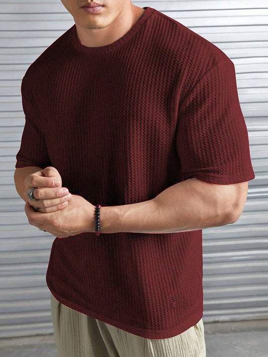 STYLOPHY - Oversized Waffle Knit Tee For Men - Maroon